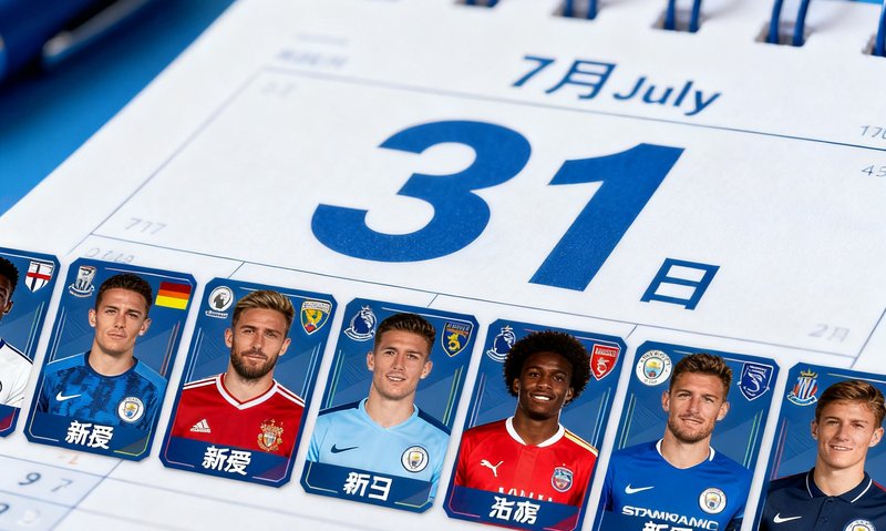 夏季转会窗盘点文章配图，画面展示各队新援球员卡牌式排列，背景是日历翻到七月最后一天的特写